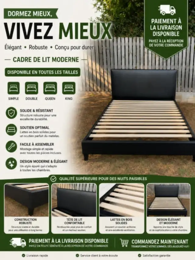 Cadre de Lit Moderne – Disponible en Toutes Tailles in Beds & Mattresses in Laval / North Shore - Image 2