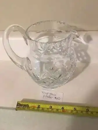 Glass cream pitcher $20, 4 cup crystal cut design, View more