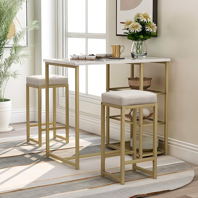 3-Piece Pub Table Set, Brass/Faux Marble/Tempered Glass in Dining Tables & Sets in Mississauga / Peel Region - Image 2