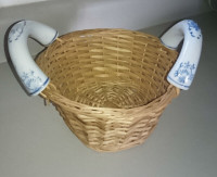 Vintage Woven Basket with Delft Blue & White Porcelain Handles