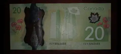 Pour collectioneur de monnaie rare du Canada. Rare billiet de 20$ Canadien RADAR PALINDROME Radar à...