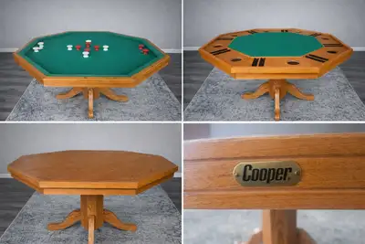 Beautiful solid oak 3-in-1 table by Cooper, combining dining table, poker/game table, and bumper poo...