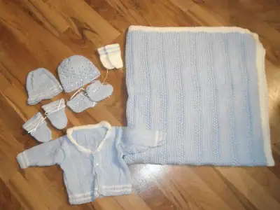 3 months items, blanket, sweater, 2 bonnets, 3 sockies