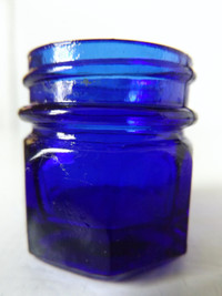 ORIGINAL VINTAGE BLUE COBALT SMALL GLASS HEXAGON BOTTLE NO LID