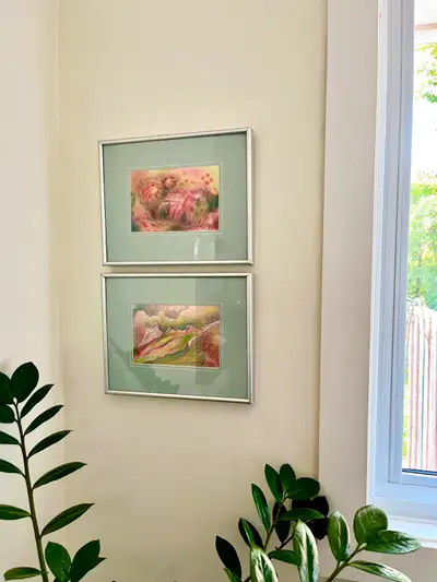 Pair of abstract pencil crayon drawings by Calgary-based artist Susana Espinoza. Espinoza combines c...