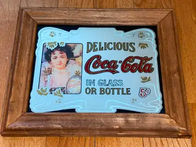COCA-COLA Bar Mirror Wood Frame 12.75" x 10.75" Vintage, View more