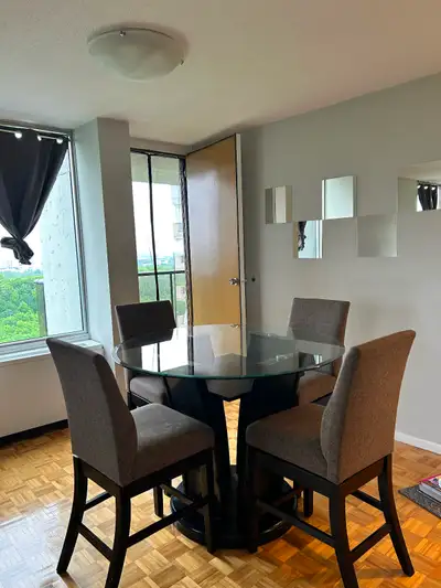 Glass dining room table and four chairs, View more