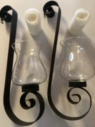 Bombay Co. metal candle wall sconces with hurricane glass shades, View more