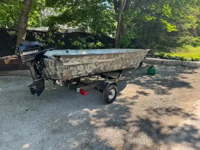 57” beam and very deep hull paired with a 9.9 mercury 2 stroke that runs very well. The trailer is a...