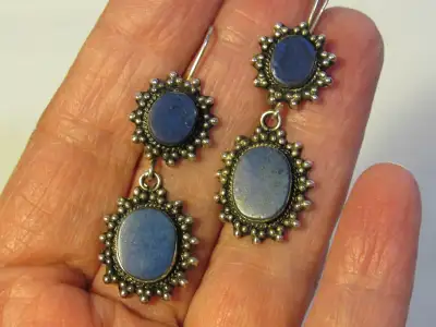 #250 Vintage Alpaca Silver and Lapis Lazuli Hook Earrings, View more