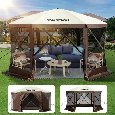 New in Box VEVOR Camping Gazebo Tent, 12'x12', 6 Sided Pop-up Canopy Screen Tent for 8 Person Campin...