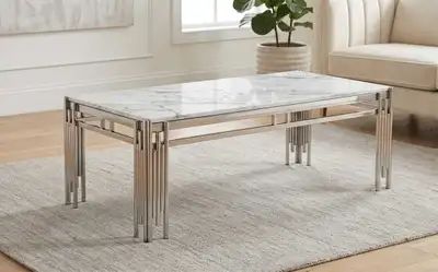 A beautiful matching set featuring a marble‑style top and chrome frame. Perfect for adding a clean,...