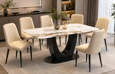 Modern Marble-Look Dining Table Set with 6 Leatherette Chairs, View more