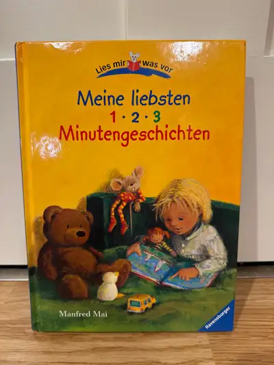 This German children's story book, titled 'Meine liebsten 1-2-3 Minutengeschichten' by Manfred Mai a...