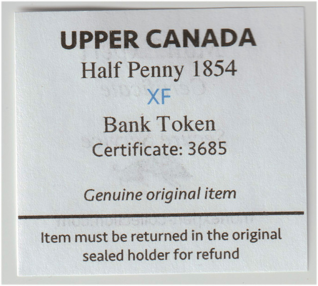 Upper Canada Token - 1854 Half Penny XF - Cert: 3685 dans Art et objets de collection  à Longueuil/Rive Sud - Image 3