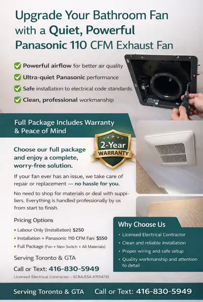 Panasonic Bathroom Exhaust Fan Installation – Starting $250, View more