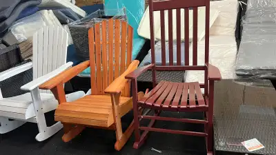 Brand new assembled Wooden Adirondack Rocking Muskoka Chair with Slatted Wooden Design, Fanned Back...