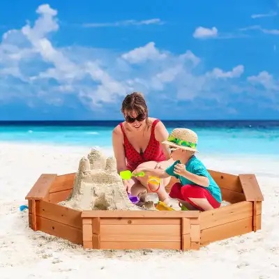 Kids Wooden Octagon Sandbox, Outdoor Children Playset for Backyard, with polyester Cover, Seat Board...