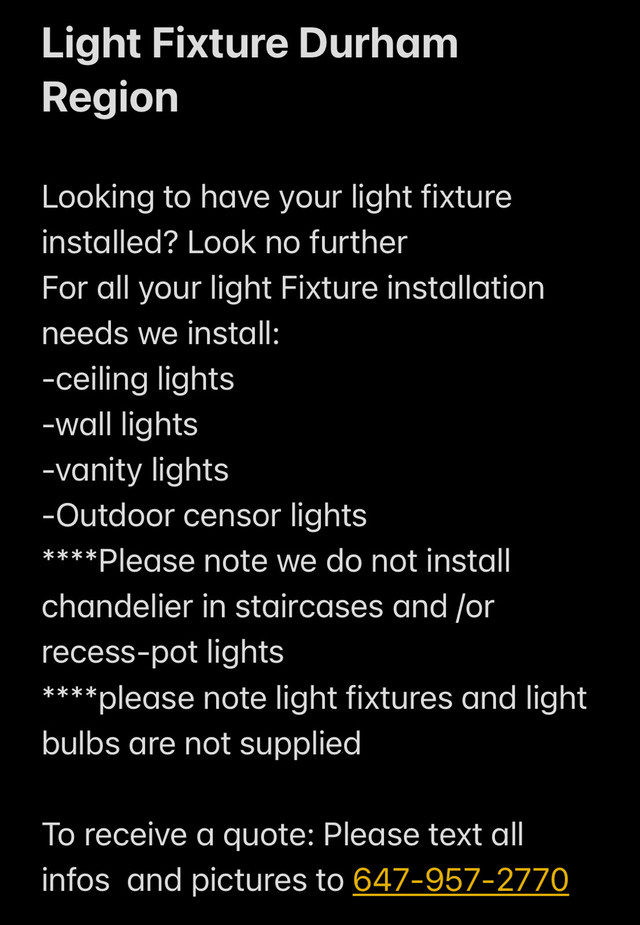 Light Fixture Durham Region 647-957-2770 in Indoor Lighting & Fans in Oshawa / Durham Region - Image 2