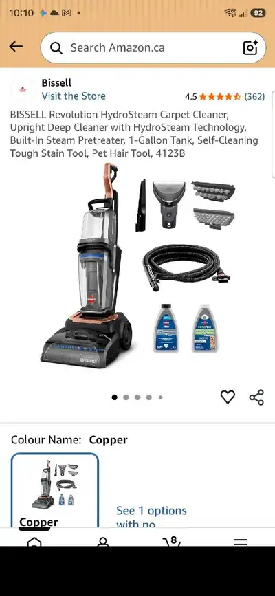 This Bissell Revolution HydroSteam Carpet Cleaner features advanced HydroSteam technology and a buil...