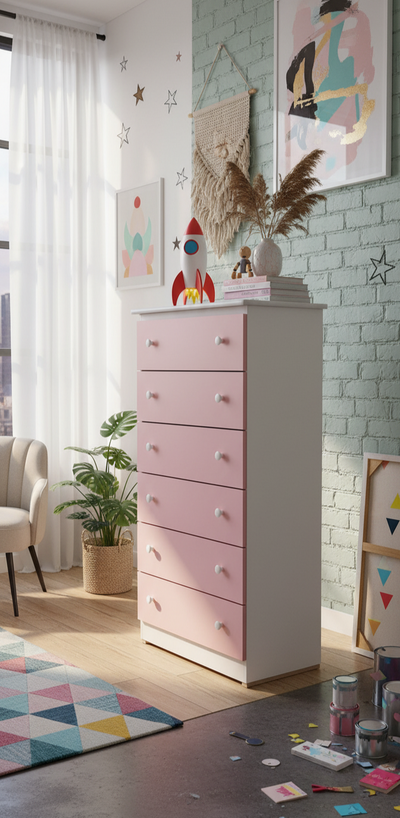 New Modern Pink & White 6-Drawer Dresser – Wooden Bedroom Chest, View more