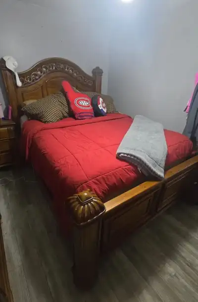 Queen size bed, nightstand, chest, long dresser and mirror (not pictured) as its in storage. Has som...