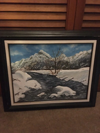 Oil painting winter river mountain  scene