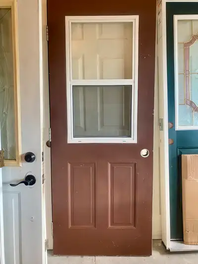 Exterior Metal insulated door with sliding screen window thermal glass insert 31.5”x79”no dents good...