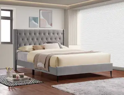 This is a brand new bedframe for sale! It features a tufted headboard, a fully upholstered bedframe...