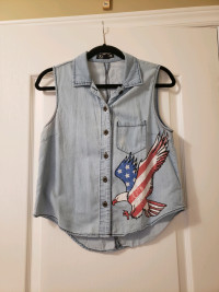 Women's jean crop button up top with American flag and eagle 