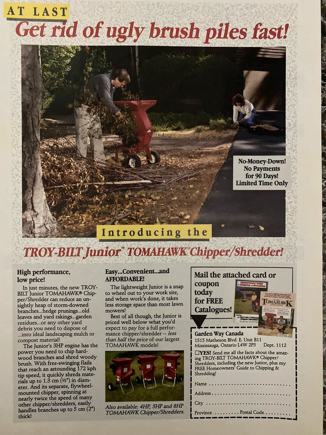 1989 Troy-Bilt Junior Tomahawk Chipper/Shredder Original Ad in Arts & Collectibles in North Bay