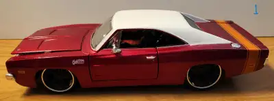 4- Dicast collectable model cars 1/24 scale. 1969 Dodge Charger R/T, red with white roof. By Maisto,...