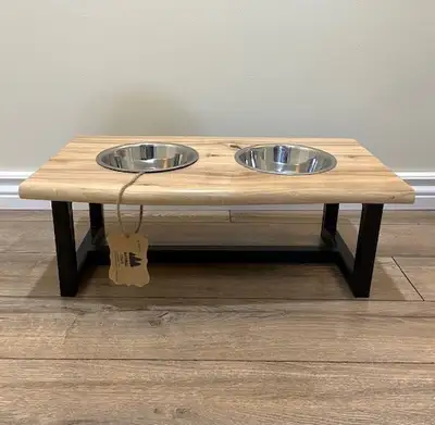 NEW - Handmade Live Edge Wood Dog Feeder, View more