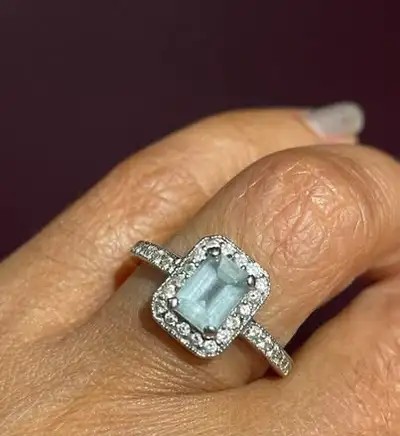 Natural Diamonds and Real Aquamarine in 14K While Gold Halo Engagement or Promising Ring Size 6 If i...
