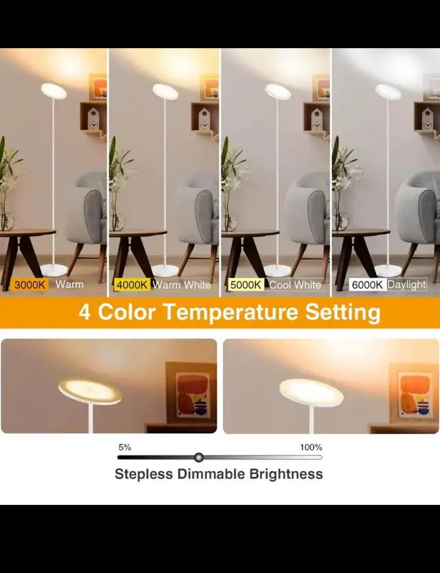 Floor Lamp Modern, LED Torchiere Lamp 30W 3000LM, Tall Standing in Indoor Lighting & Fans in Hamilton - Image 3
