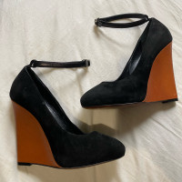 Authentic Celine Black Suede Brown Leather Wedge Heel Pumps 38
