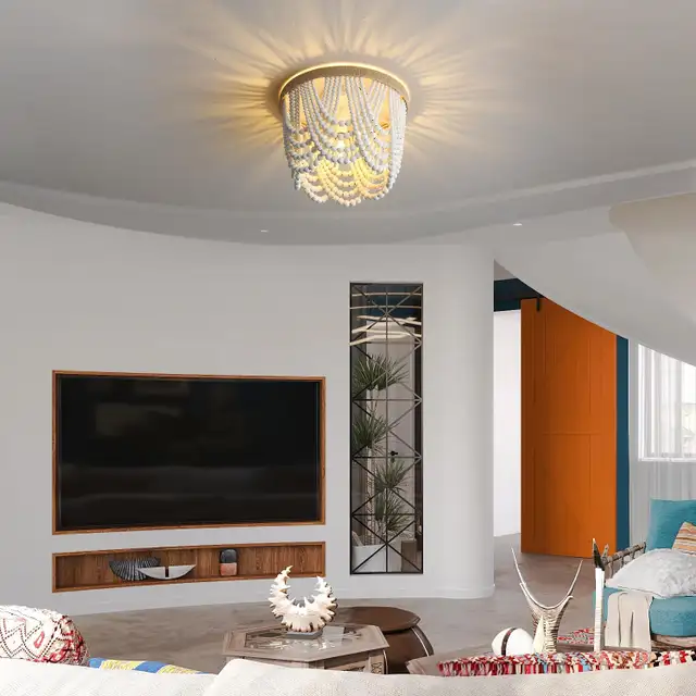 White Boho 3-Light Bead Chandelier - Wood Beaded Ceiling Fixture in Indoor Lighting & Fans in Mississauga / Peel Region - Image 10