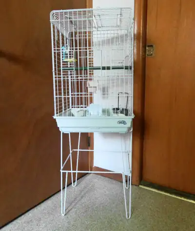 LIKE NEW ! MEDIUM WIRE  BIRD CAGE ON FLOOR STAND, View more