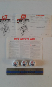 SUPERMAN & 7UP 1978 SWEEPSTAKES ENTRY FORMS and BOTTLE CAPS