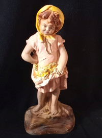 RARE 1930's Painted Chalkware Sweet Little Girl & Roses Statue!