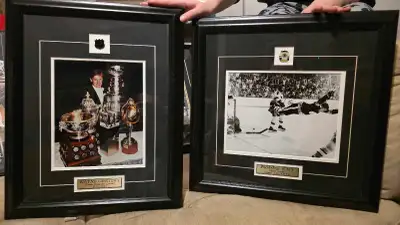 Framed hockey photos with pins, View more