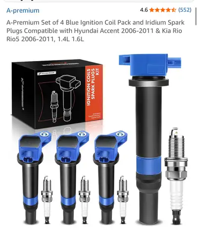 A-Premium Set of 4 Blue Ignition Coil Pack and Iridium Spark Plugs Compatible with Hyundai Accent 20...