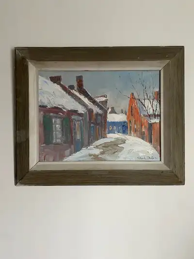 painting by Roland Dostie - Quebec township street 12 x 16 inches - dated 1979