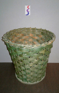 Vintage Woven Reed Waste Basket Old Green Paint