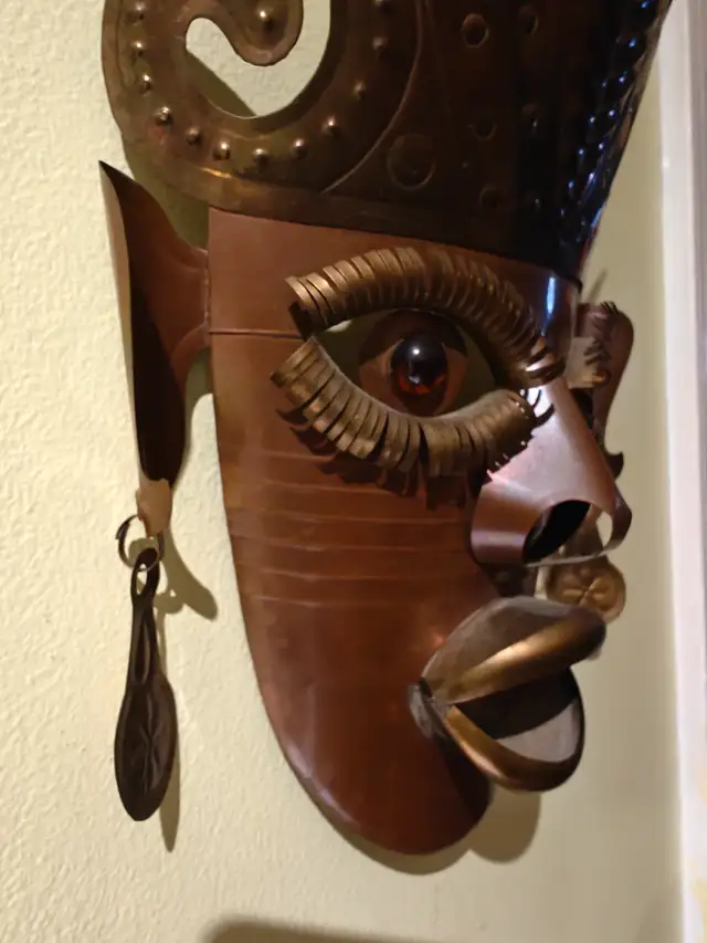 Vintage Mexican Copper Mask Walk Art Glass Eyes62865712219010121