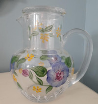 Glass Tumble Up Pitcher Hand Painted Floral Bedside Water Jug