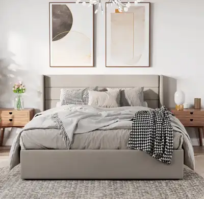 Brand new in box bed frame with storage. Bed was purchased as a gift but found something else. Fabri...