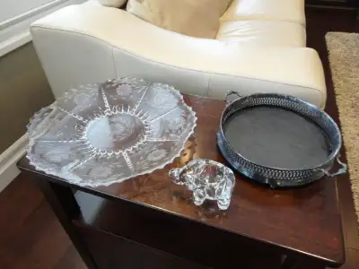 Depression Era Patterned Platter, Glass Elephant, Slate Bun Tray, View more