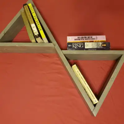 Pine bowtie shelf with grey stain. H: 13" x W: 22" x D: 3.5" Made by Gonzo Factotum Check out my oth...