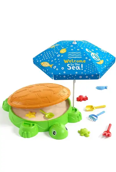 Turtle sandbox with lid Adjustable umbrella & 8 pcs beach toys for toddlers 3- 5 38 x 25.5 x 7.4 in
